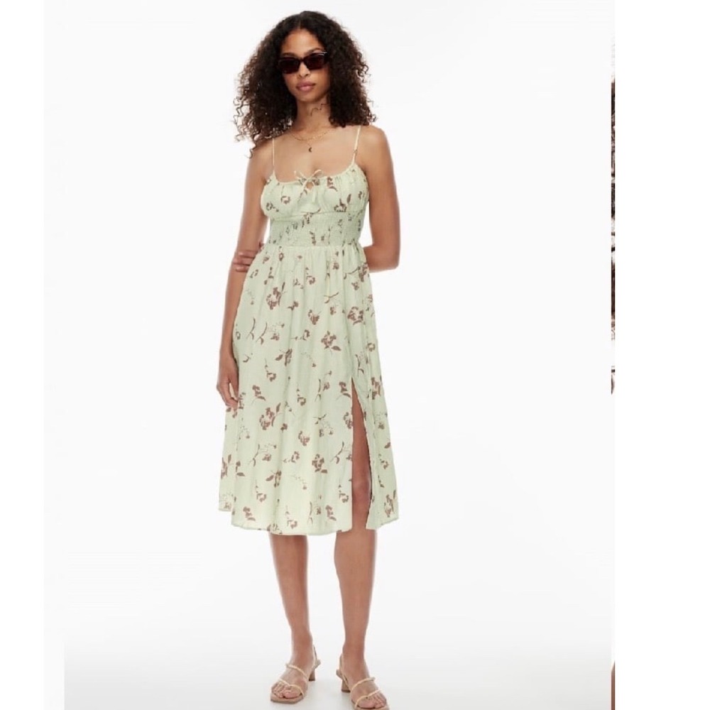 Wilfred Aritzia Genoa‎ Organic Linen Smocked Floral Midi Dress Sage Green XS